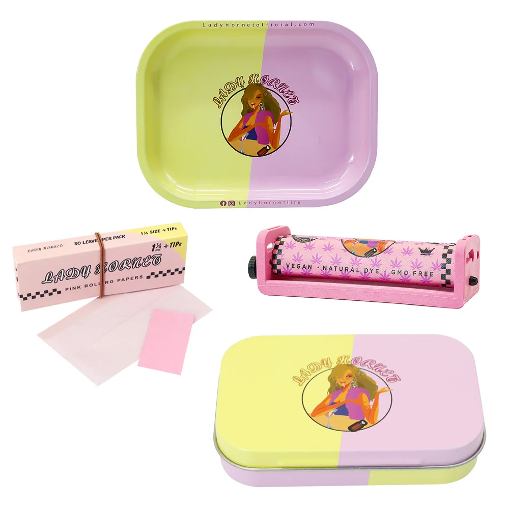 

LADY HORNET Smoking Set Metal Tobacco Box Plastic 78mm Cigarette Rolling Machine Metal Rolling Tray Cigarretter Accessories