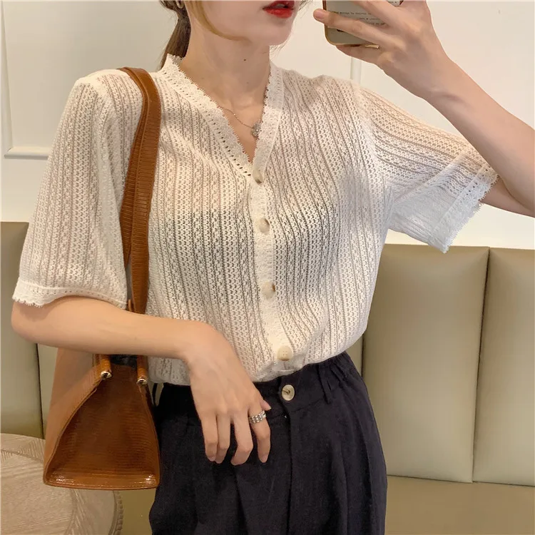 

Lace Hollow Out V-neck Blusas Mujer De Moda Women Blouses Ladies Tops Korean Clothes Loose Shirts Fashion Brand Summer New