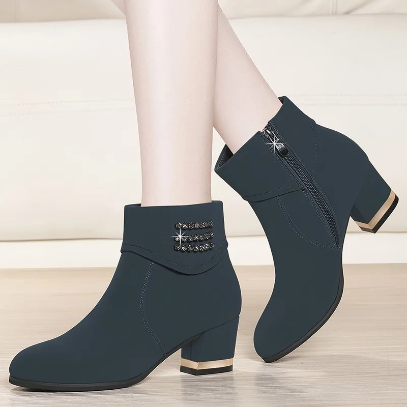 

Women Autumn Zip Cow Suede Leather Ankle Boots 2019 Ladies Square High Heels Female Shoes Fashion Fashion Boot BFT-A0213