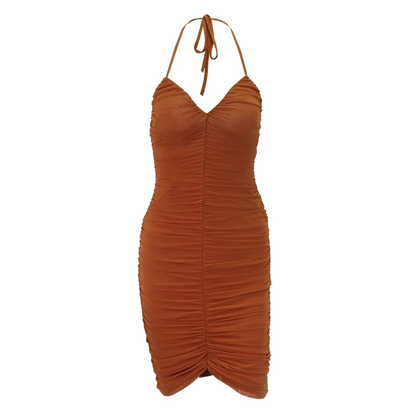 

2 Layers Ruched Women Halter Backless Mesh Deep V-neck Spaghetti Straps Halter Backless Sexy Party Dress Summer Mesh Dress