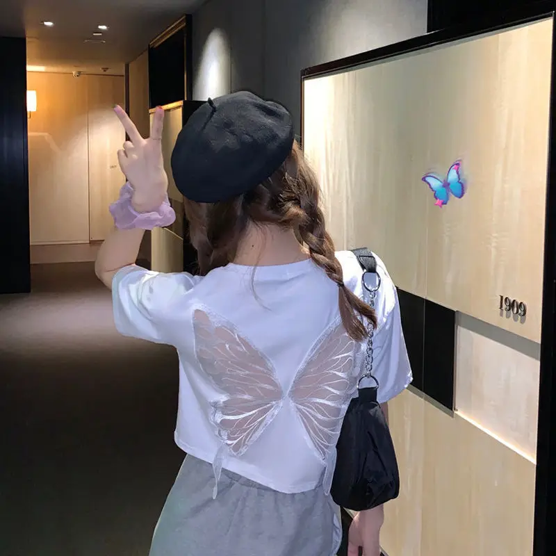 

Летняя Женская Сексуальная футболка, женская летняя Элегантная футболка с вырезами в виде бабочки и коротким рукавом, женские свободные по...