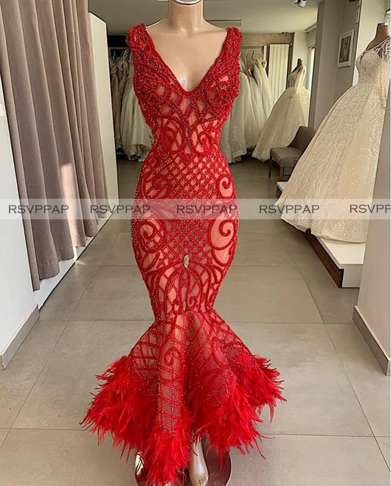 

Red Mermaid Evening Dresses 2020 Arabic Dubai Style Exquisite Beaded Handwork Short Women Formal Gowns robe de soiree