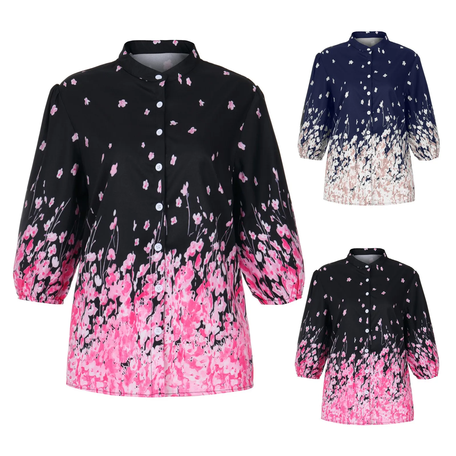 

Women's Casual Fashion Retro Stand-up Collar Printed Half-Sleeve Shirt
