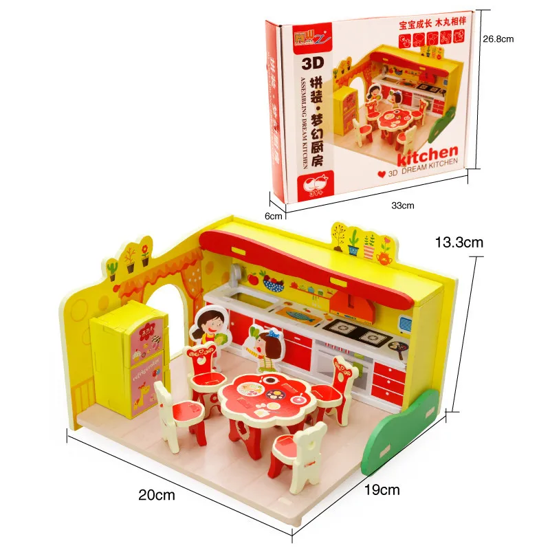 Детские 3D деревянные пазлы игра дом игрушка кухня гостиная ферма мозаика ребенок