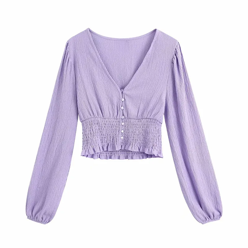 

women summer casual v-neck elastic waist 2020 new za purple blouse female fashion single breasted long puff sleeve shirts femme