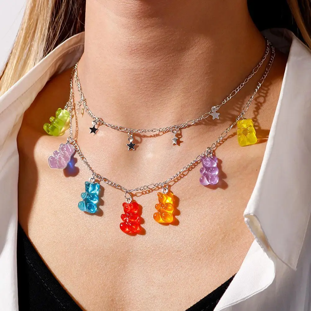 

Fashion Creative Bungee Cool Girl Transparent Jelly Color Bear Necklace 7 Necklace Color O0H0