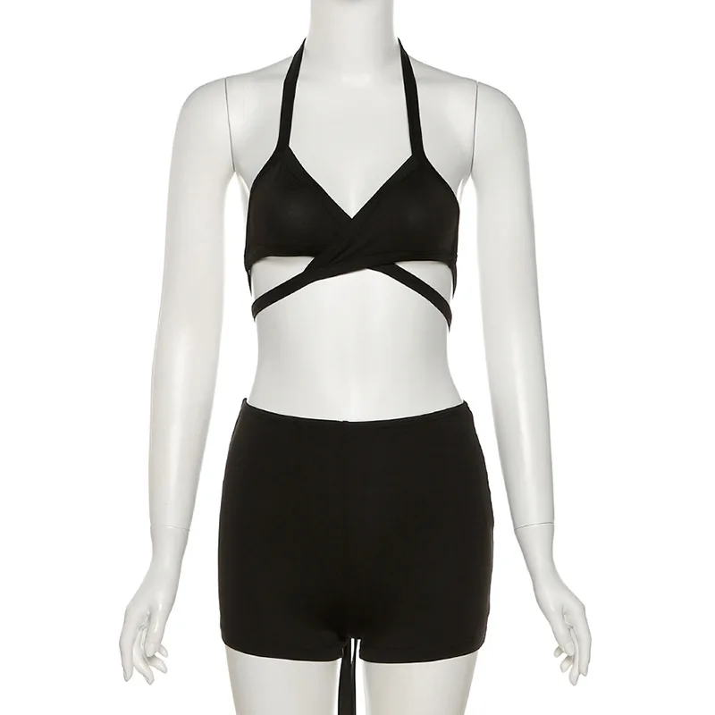 

Summer Sport 2 Pieces Set Women Halter Criss-Cross Crop Top And Biker Shorts Suits Sexy Cut-Out Backless Casual Outfits