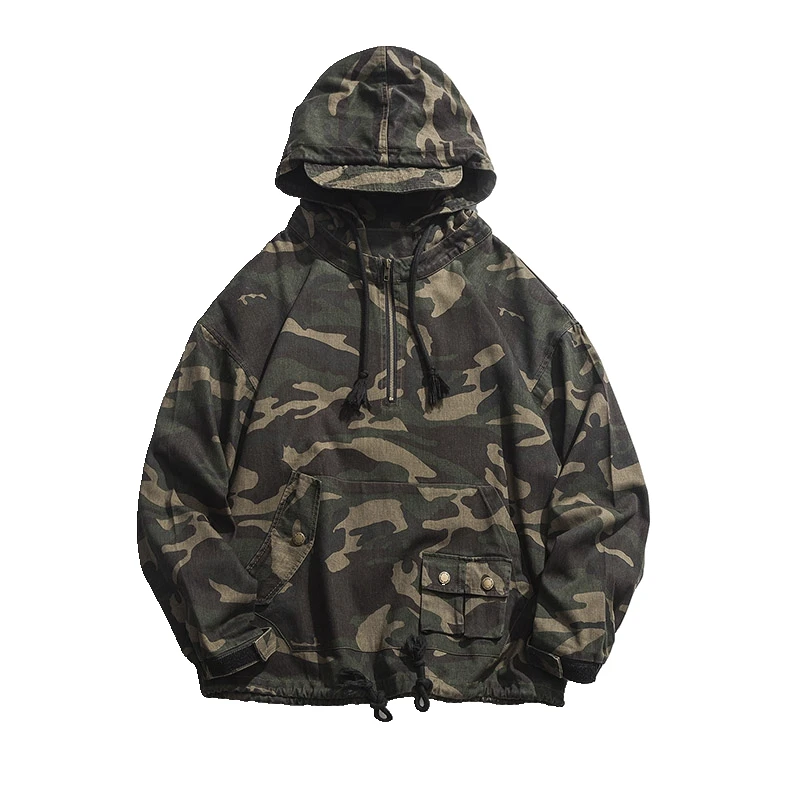 

Japan Style Autumn New Loose Hooded Jackets Men Army Green Camouflage Pure Cotton Windbreaker Casual Coats