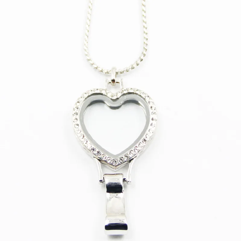 Серебряные кристаллы на подвеске-медальоне с плавающим замком в форме сердца для идентификационной карточки с бесплатной цепочкой.