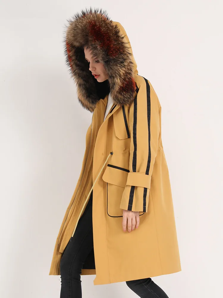 

Женская парка с натуральным кроличьим мехом, зимняя куртка с воротником из меха енота, теплая длинная куртка, Manteau Femme MY