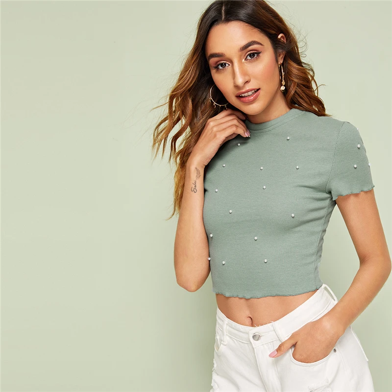 ROMWE Черный насыщенный салат отделкой жемчугом Бисер Crop Tee Для женщин Лето Элегантный Воротник-стойка футболки женские, облегающие Топы