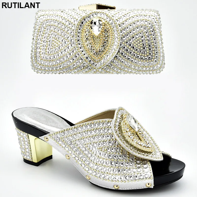 Последние Нигерии Для женщин комплект из обуви и сумки украшенные Стразы в