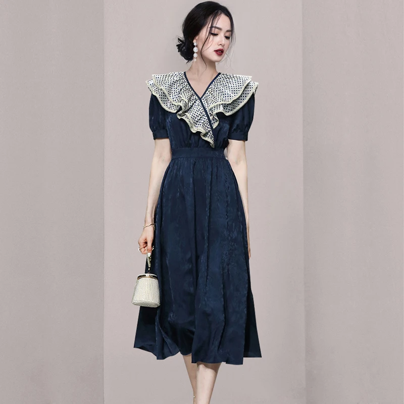 

Женское длинное платье с оборками, однотонное платье в горошек с коротким рукавом, высокой талией и V-образным вырезом, в винтажном стиле, в с...