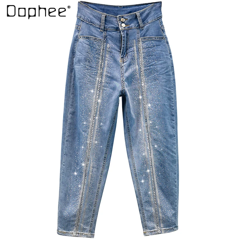 

2021 Summer New Cropped Jeans High Waist Blue Wide Leg Pants Loose Rhinestone Harem Pants for Women Casual