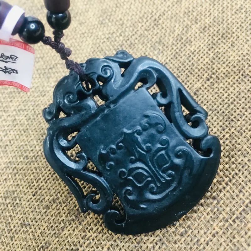 Ожерелье из натурального черного камня ручной работы с черным двойным драконом