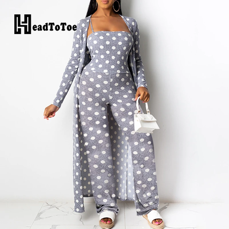 

Dot Print Spaghetti Strap Rompers Women Jumpsuit & Long Sleeve Open Front Robe Coats Set Casual Women Two Pieces Outfits