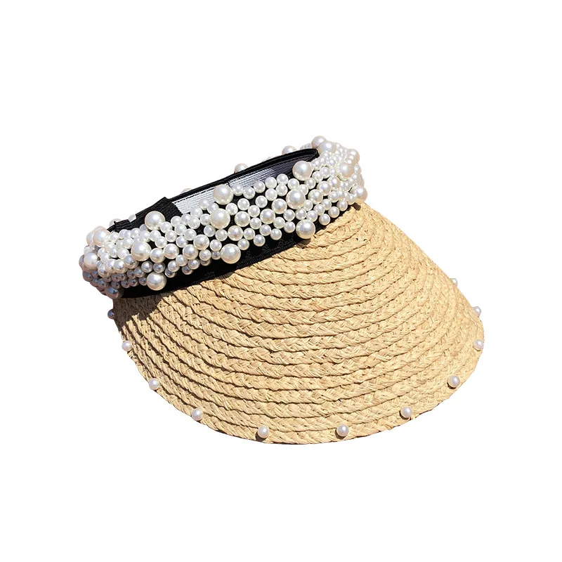 

Small group of retro pearl Rafi straw hair hoop straw hat Korean version of the empty top hand-stitched pearl Rafi straw hat