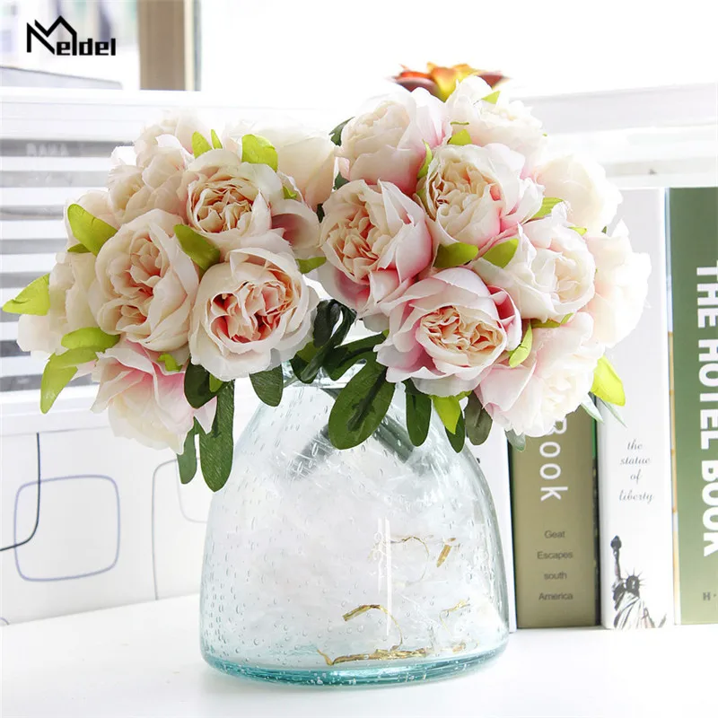 Meldel 10 Heads Artificial Flowers Roses Bouquet Silk Fake Flower with Leaves for DIY Home Garden Wedding Decor Pink White Flore | Дом и сад