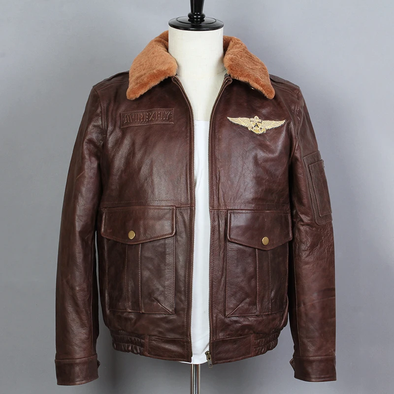 Мужская куртка бомбер из натуральной воловьей кожи с меховым воротником|Мужские