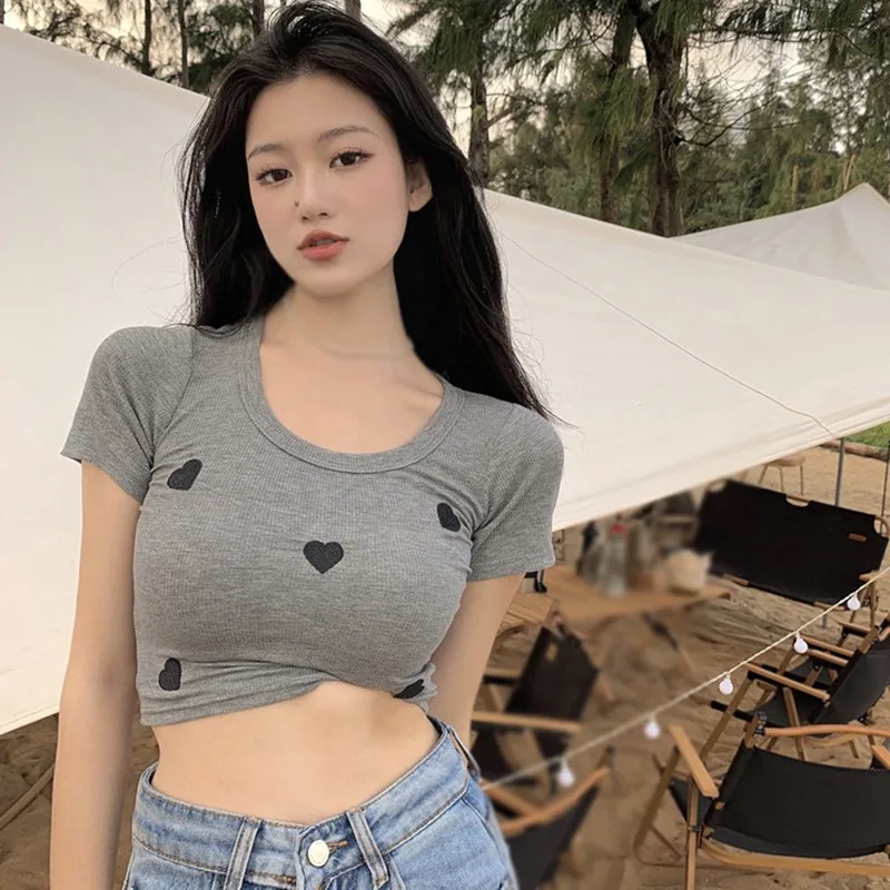 

Summer Thin Knitted Love Print Slim T Shirts Women Short Sleeve Tee Tops Bottoming T-shirt Female Crop Top Ladies Shirt