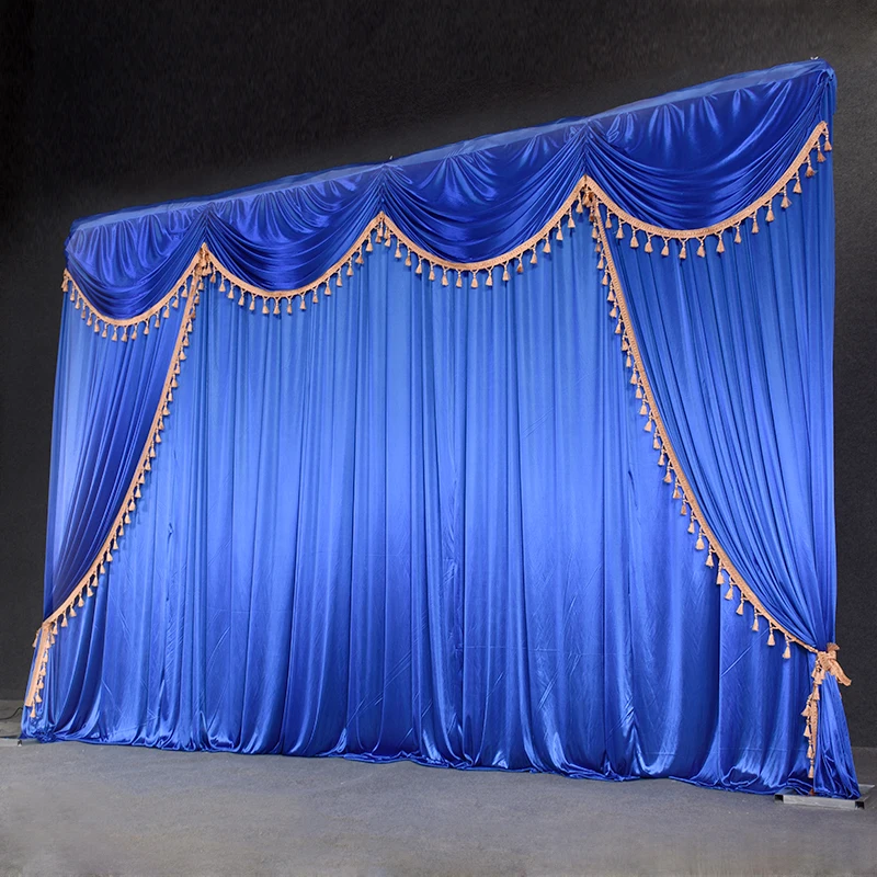 

Ice silk chiffon fabric wedding backdrop with swags and tassel drape curtain for wedding stage event party birthday decoration