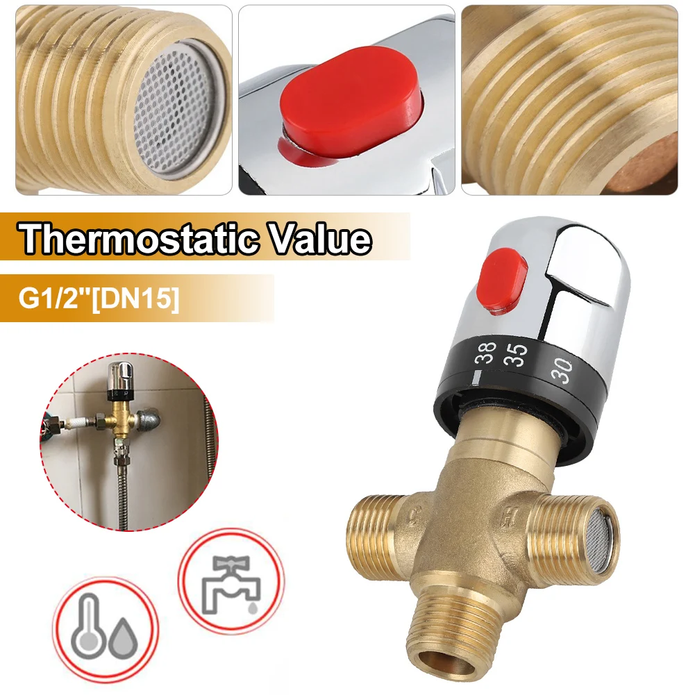 

3-Way Brass Brass Pipe Thermostatic Mixing Valve Thermostat Faucet Mixing Valve 1Pcs Bathroom Water Temperature Control Faucet