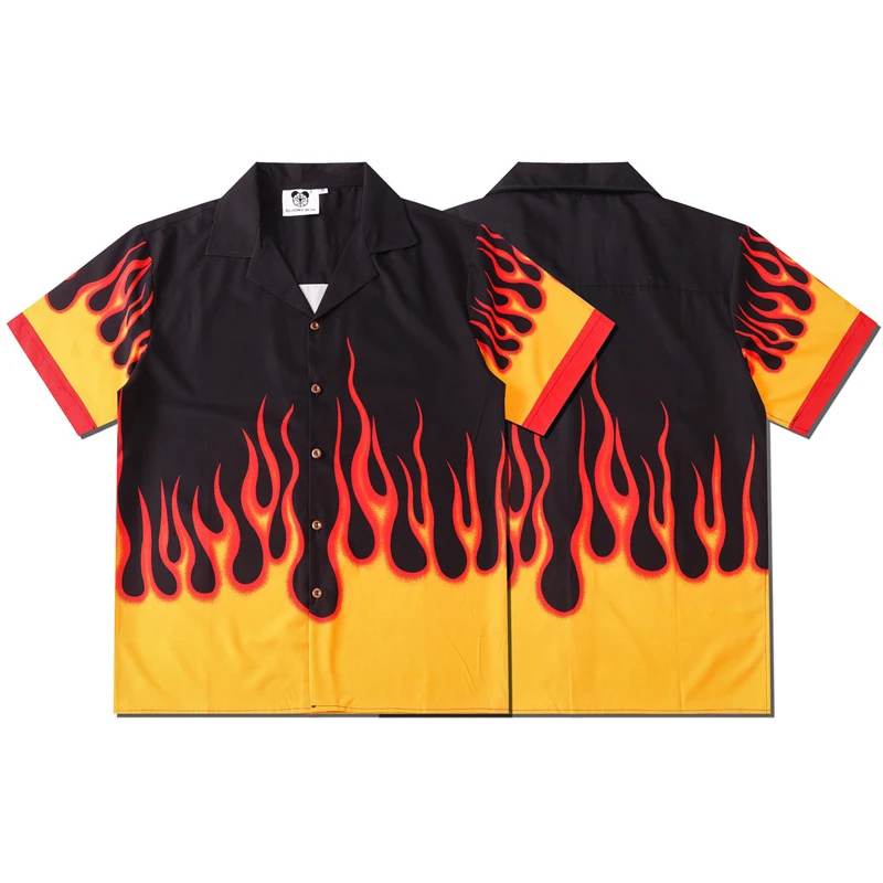Yellow Flame Print Men Hawaiian Shirt 2021 Hip Hop Fashion Shirt Streetwear Shirt Harajuku Beach Shirt Summer Short Sleeve Tops