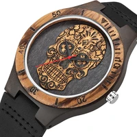 creative wood watch men quartz bamboo wooden male watch watches genuine leather ultra light carving skull head wrist clock reloj