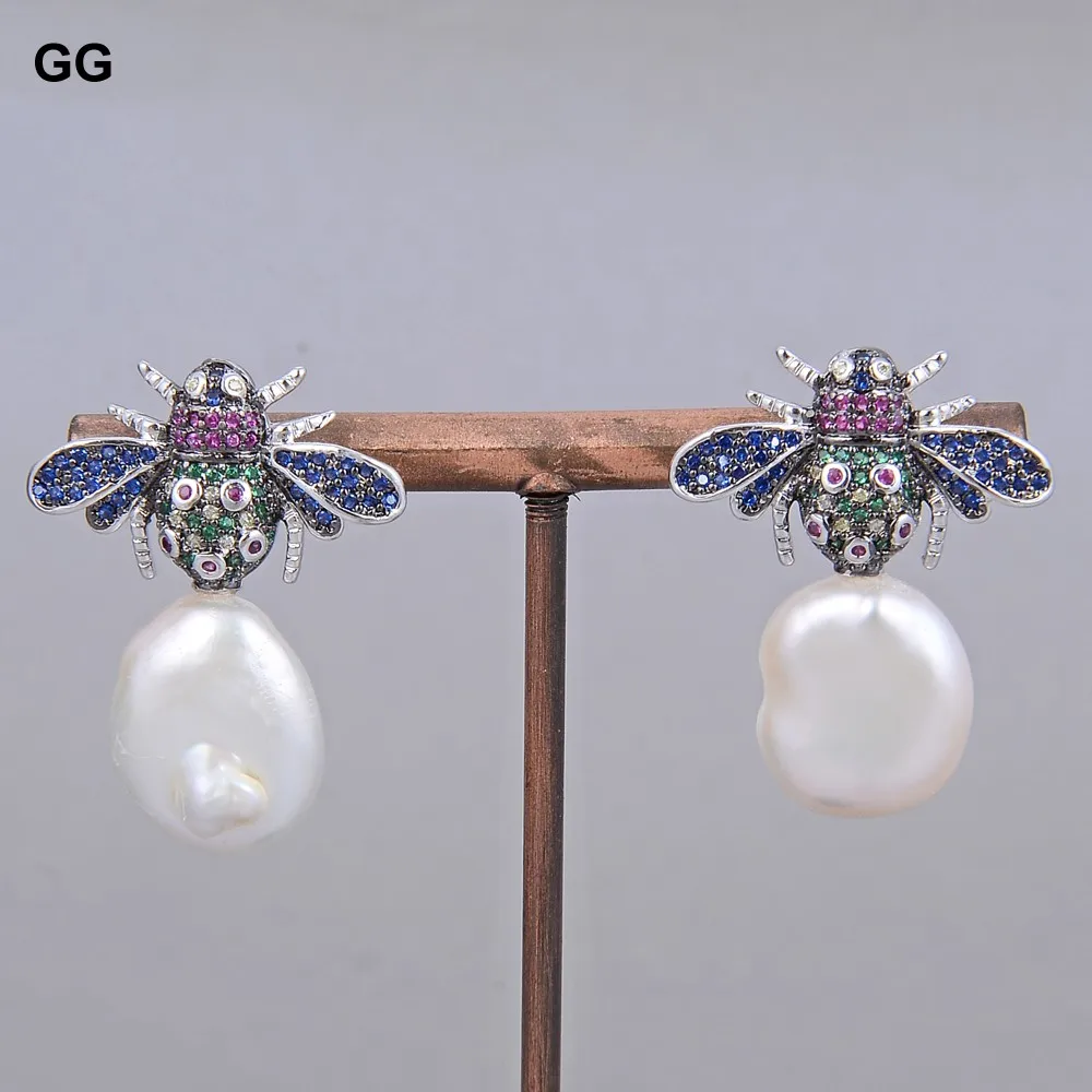 

GG Jewelry Natural Freshwater White Coin Pearl Silver Color Plated Cz Pave Insect Stud Earrings Cute For Women