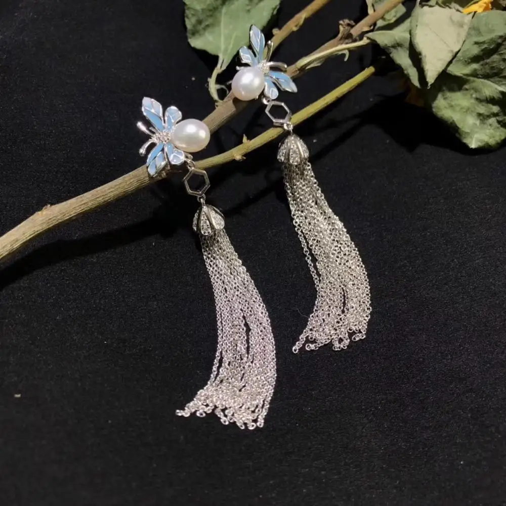 

S925 Silver Empty window Enamel Pearl tassels Drop-Earrings,Honeybee women earrings with freshwater pearls,3 colors Jewelry gift