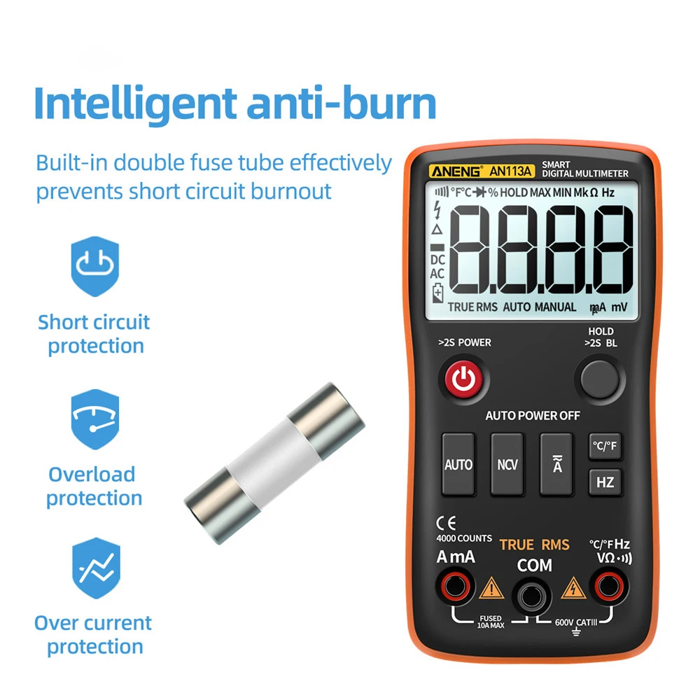 

An113a Digital Multimeter True Rms With Temperature Tester 4000 Counts Auto-ranging Ac/dc Transistor Voltage Meter