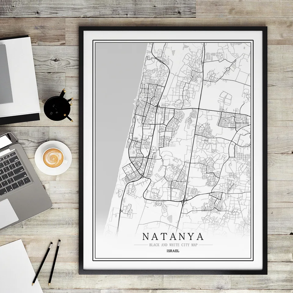 Израиль черно-белая карта города плакат Скандинавская гостиная Jerusalem Natanya