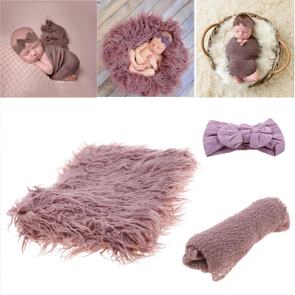 

Newborn Photography Props 3PCS Toddler Photo Blankets Wrap and Headband Long Ripple Wrap Photo Prop