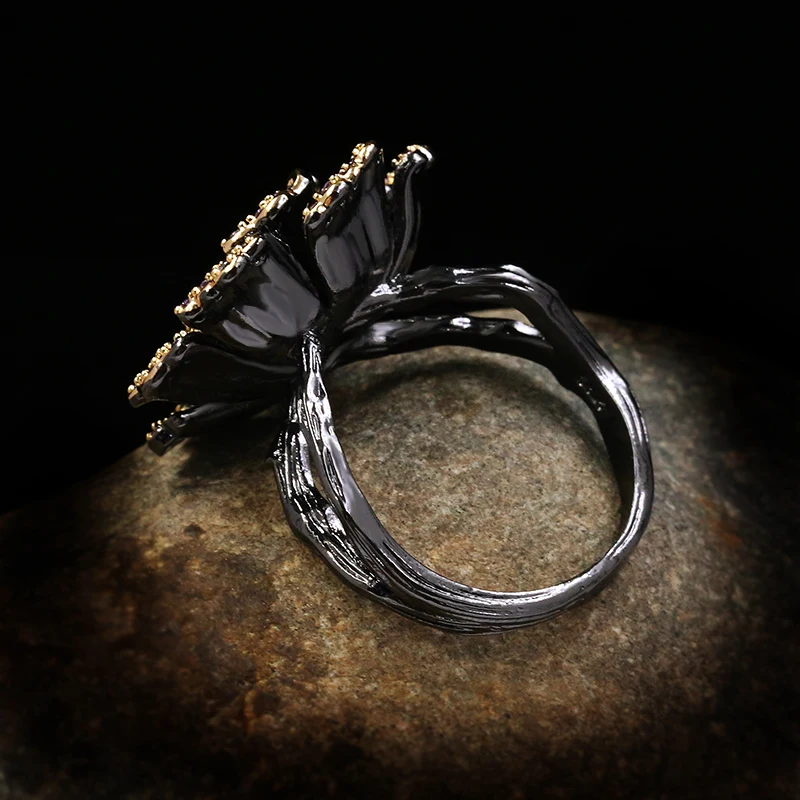 Изысканное креативное цветущие цветы стоп-бабочка кольцо Черное золото 925