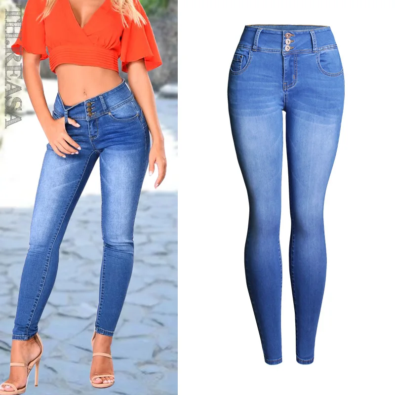 New Autumn and Winter Denim Trousers Slim Thin Hips Multi-button Jeans Pants