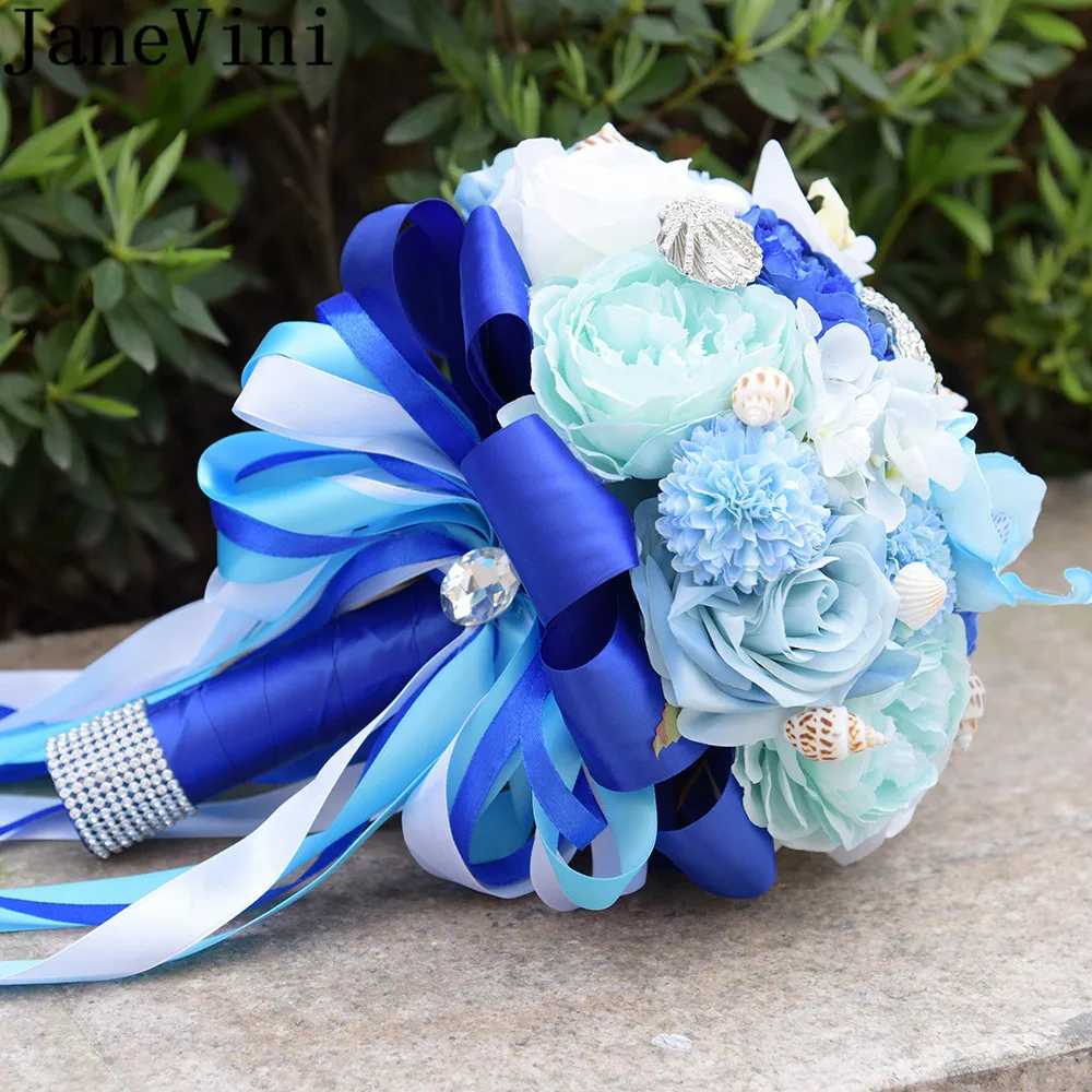 

JaneVini Beach Wedding Blue Bouquet Crystal Rhinestones Starfish Conch Shell Royal Blue Peony Bride Rose Flowers Bridal Bouquets