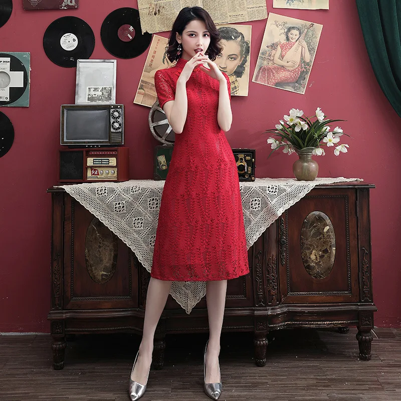 FZSLCYIYI 2019 летнее Современное женское короткое Кружевное китайское платье Ципао