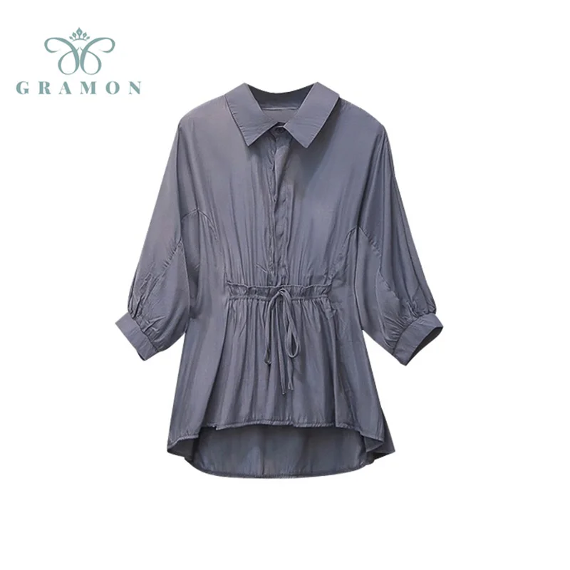 

Plus Size Blouse Women's 2021 Summer Office Long Lantern Sleeve Elegant Tops Vintage Oversize Korean Chic Lace Up Ruffle Shirts