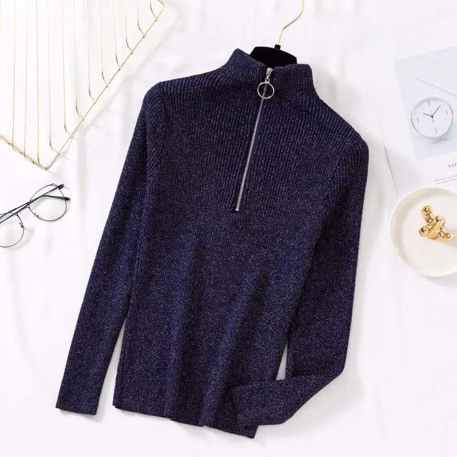 Осень-зима 2020 вязаный пуловер на молнии с воротником-хомутом Повседневный Яркий