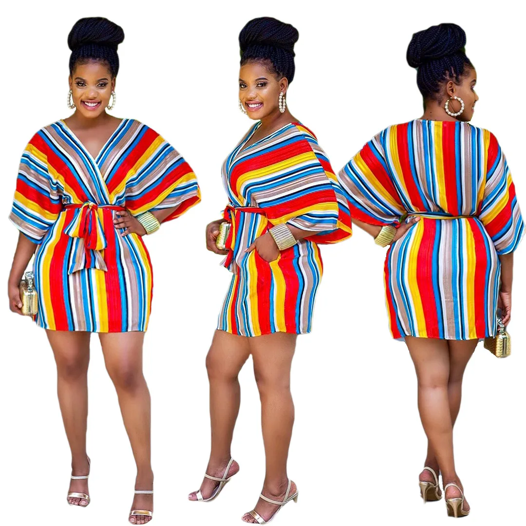 

Solid Color Striped Printting V-Neck Sashes Loose Women Mini-Dress 2020 Summer European and American Casual Style Clothes