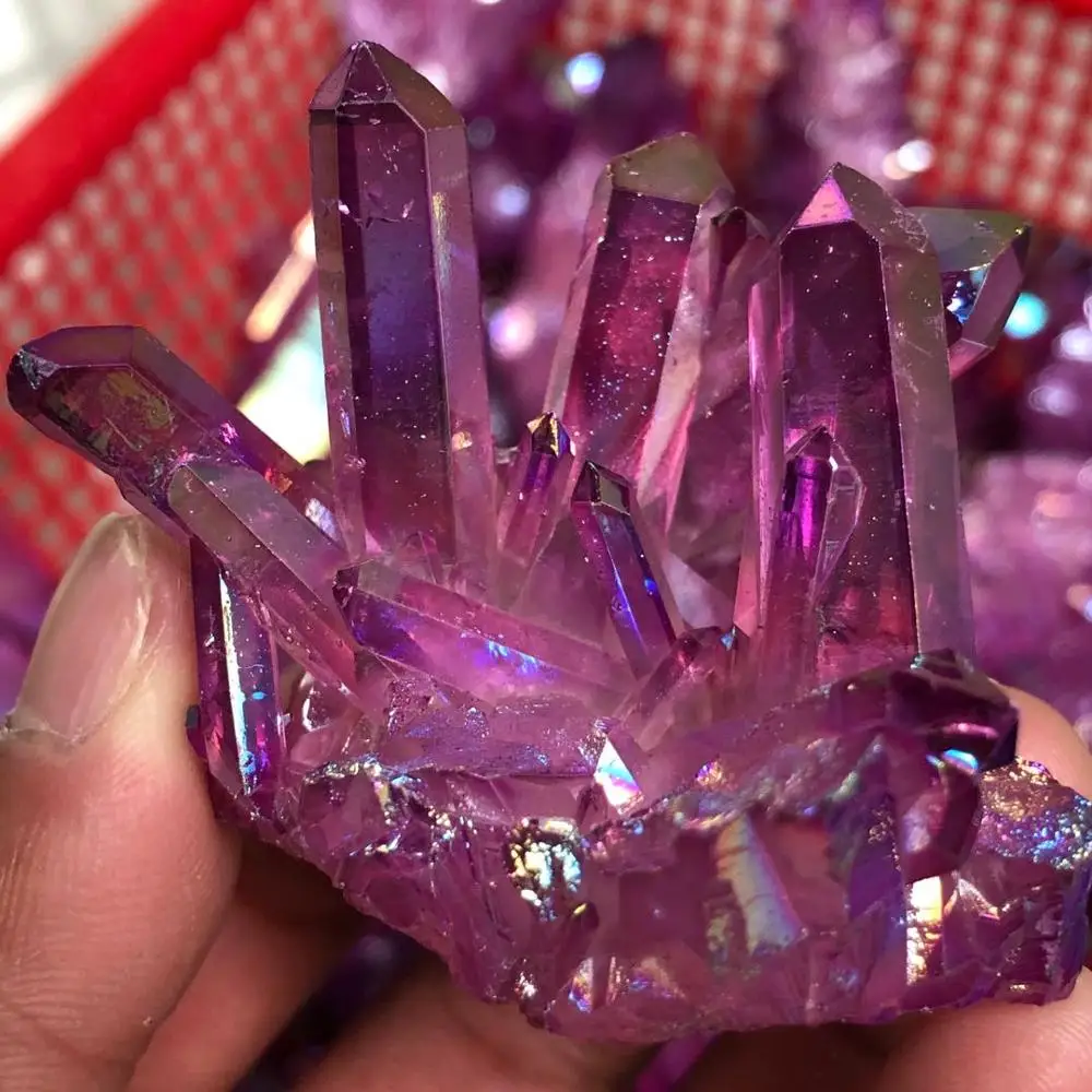 

Natural mineral electroplated dark red colour crystal cluster quartz crystal