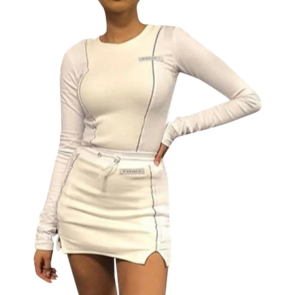 

2019 Women Sport Fashion Reflective Striped Two Piece Dress Reflective Striped Patchwork Set Long Sleeve Crop Top Bottom Dress