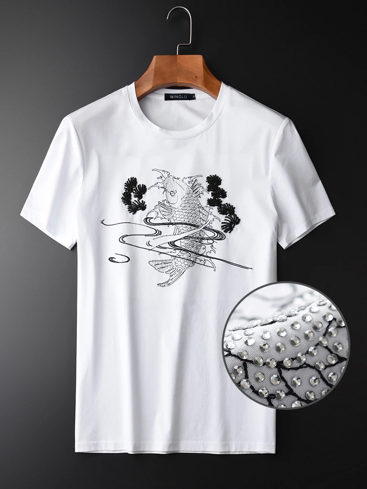 

Handmade Beaded Man T Shirt New Brand Short Sleeve Round Collar Carp Embroidered Men Tees Plus Size M L XL 2XL 3XL 4XL