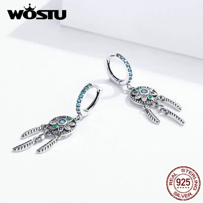 WOSTU 100% 925 Sterling Silver Dream Catcher Dangle Earrings Zircon Fashion Drop For Women Wedding Luxury Jewelry Gifts | Украшения и