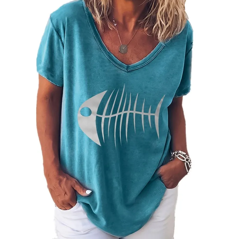 Повседневная Свободная летняя футболка с принтом рыбки v-образным вырезом