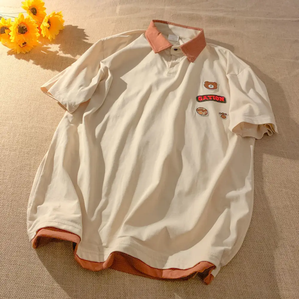 Футболки в японском стиле с изображением медведя вышитые рубашки поло хлопковые