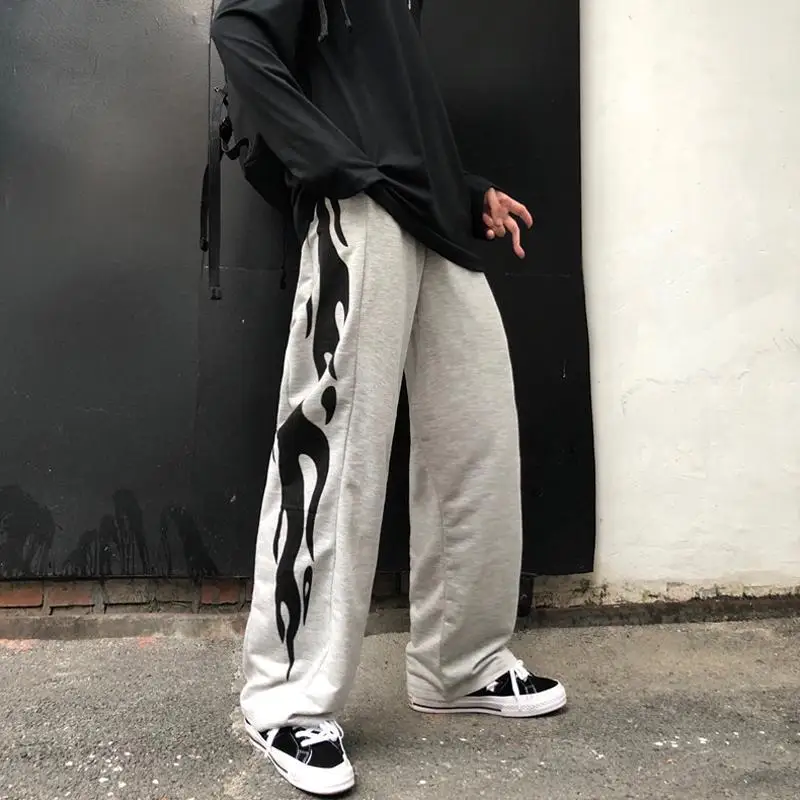 

Men Black Gothic Trousers Autumn Mens Sportswear Loose Fire Print Sweatpants Hip Hop Streetwear Male Funny Korean Punk Pants