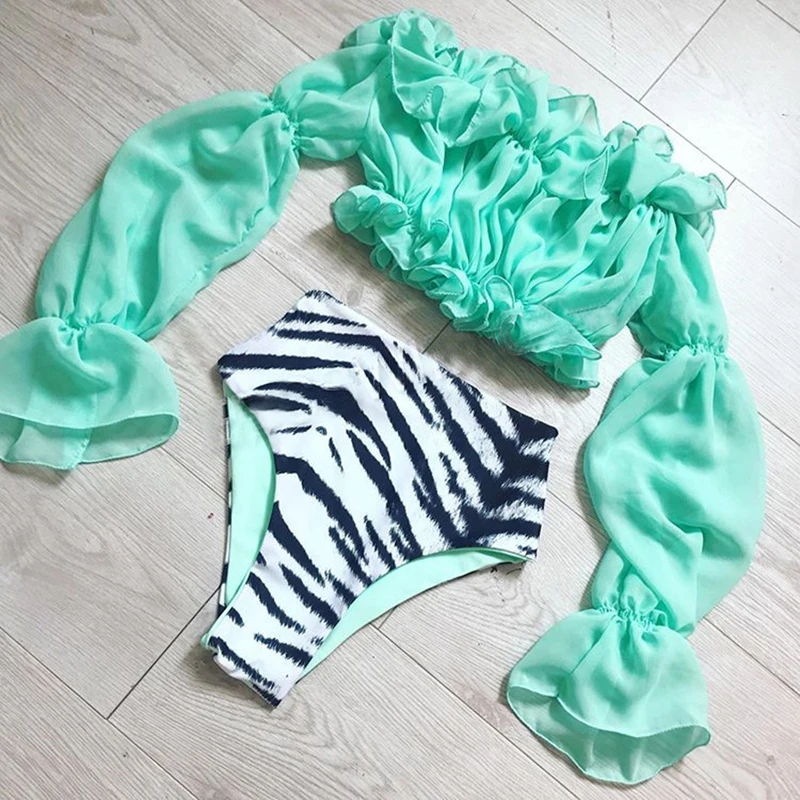 Sexy Green bikini set Swimwear Women Mesh long sleeve swimsuit female High waist bikini Snake printed Bathing suit Mujer