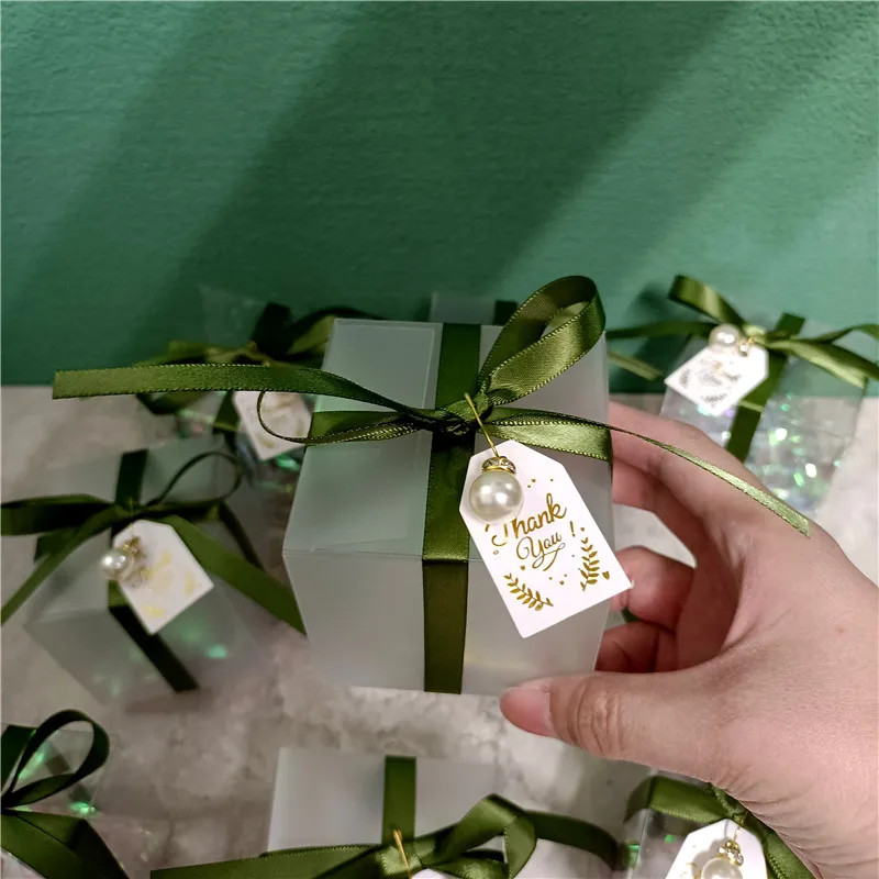 10/30/50pcs Olive Green Ribbon Wedding Pack Of Dragees Gold Thank You Tag Diamond Pearl Pendant Transparent PVC Gift Boxes