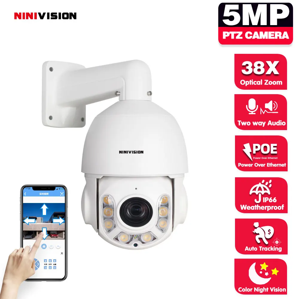 

Home Security AI Auto Tracking PTZ Camera 5MP POE HD H.265 38X Zoom Color Night Vision Two Way Audio Waterproof Dome IP Camera